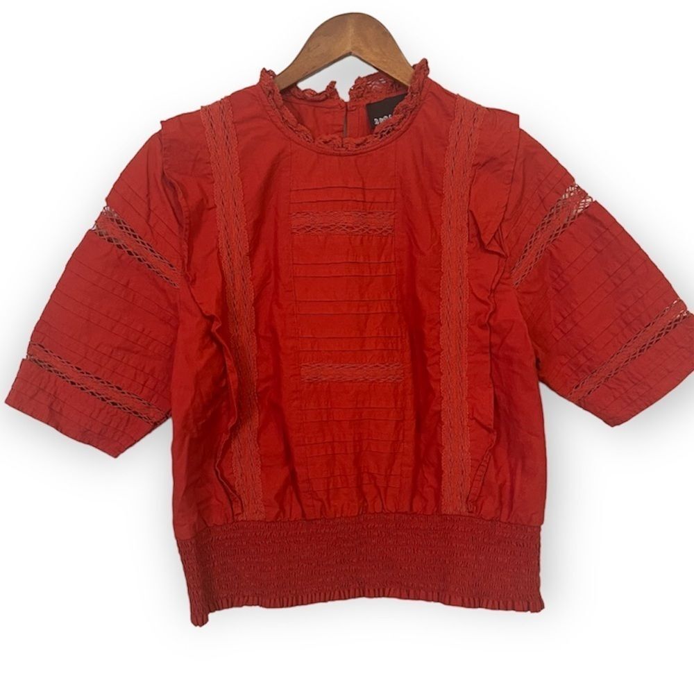 Broadway Rust Burnt Orange High Neck Short Sleeve Blouse